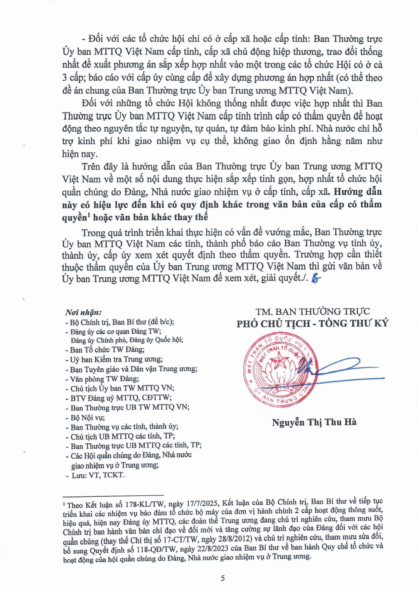 Hướng dẫn 05/HD-MTTW-BTT tiếp tục thực hiện sắp xếp, tinh gọn, hợp nhất các hội quần chúng do Đảng, Nhà nước giao nhiệm vụ ở cấp tỉnh, cấp xã- Ảnh 5.