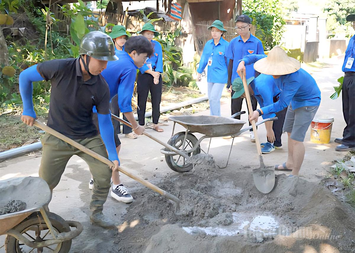 Sinh viên trường Đại học Kinh tế Quốc dân Hà Nội cùng nhân dân thực hiện tuyến đường thắp sáng đường quê tại xã Bình An.