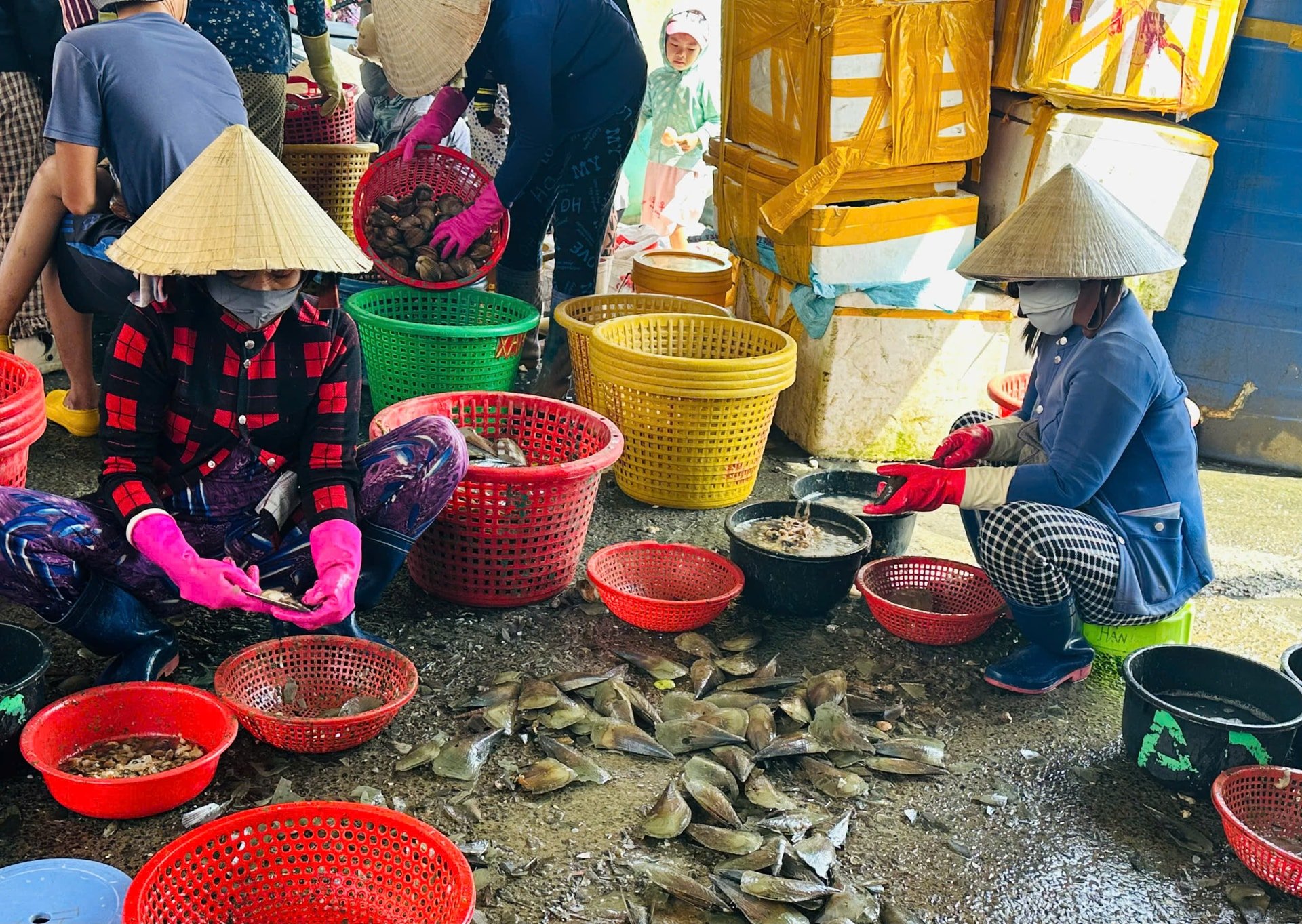 Người dân địa phương làm dịch vụ xẻ sò ngay tại bến