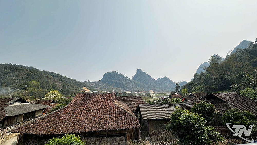 ដំបូលប្រក់ក្បឿង Mossy yin-yang នៃផ្ទះឈើនៅក្នុងឃុំ Van Lang ។