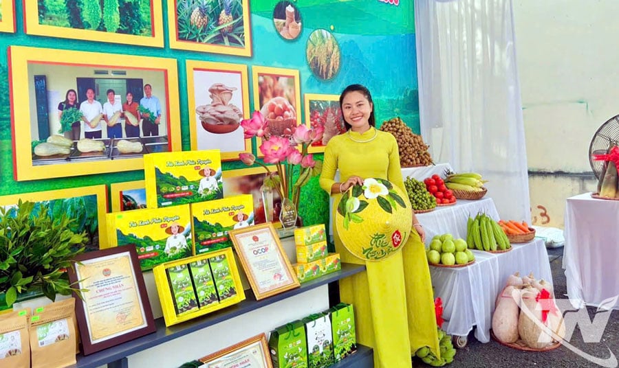 Stand présentant les produits de la coopérative de thé de Van Phuc au Congrès du Parti de la commune de Van Phuc, trimestre 2025-2030.