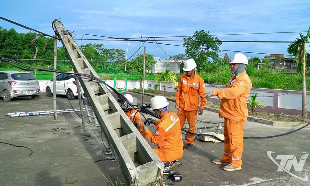 Đội quản lý điện lực khu vực Phú Bình khắc phục sự cố hệ thống điện.