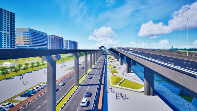 ទិដ្ឋភាពនៃខ្សែរថភ្លើង monorail ខ្ពស់នៅជាប់នឹងផ្លូវទេសភាពទន្លេក្រហម។