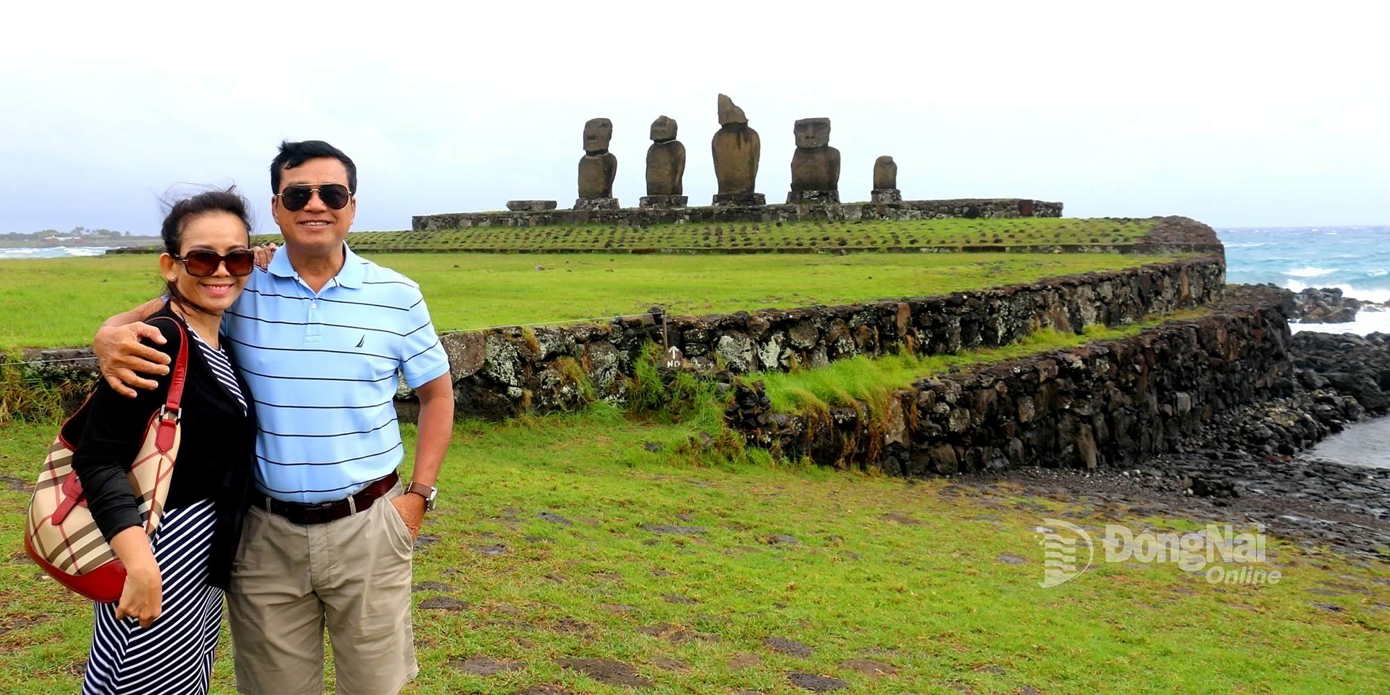 Mr. Nguyen Van Nam and his wife explore Easter Island (Isla de Pascua, isolated in the Southeast Pacific Ocean).