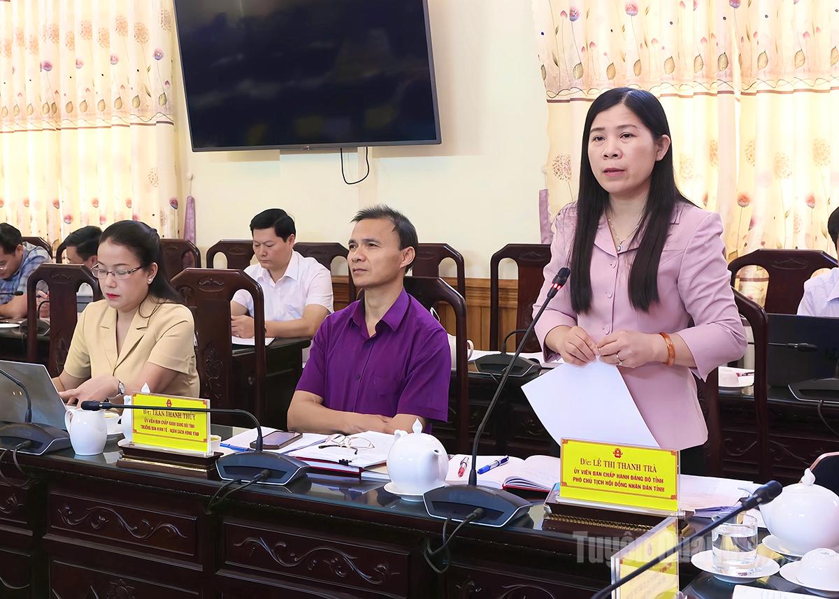 សមមិត្ត Le Thi Thanh Tra សមាជិកគណៈកម្មាធិការបក្សខេត្ត អនុប្រធានក្រុមប្រឹក្សាប្រជាជនខេត្ត ថ្លែងមតិក្នុងកិច្ចប្រជុំ។
