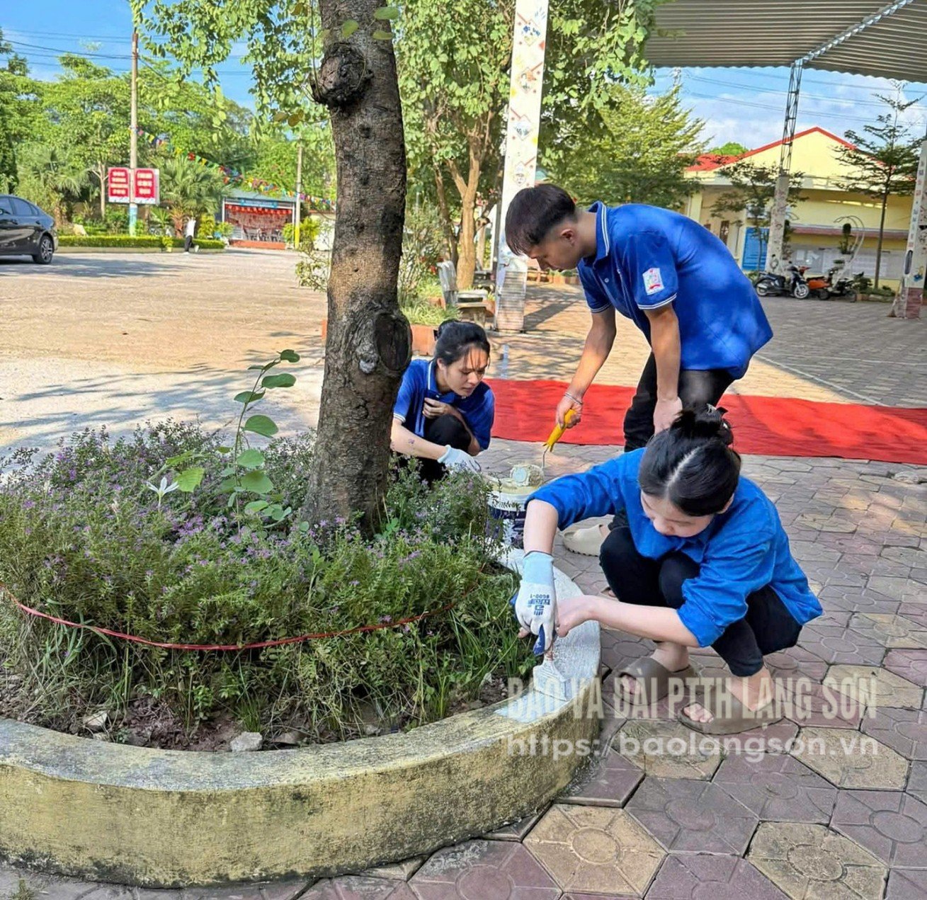 Học sinh Trường THPT Cao Lộc tham gia lao động chỉnh trang lại khuôn viên sân trường cho năm học mới 2025-2026 