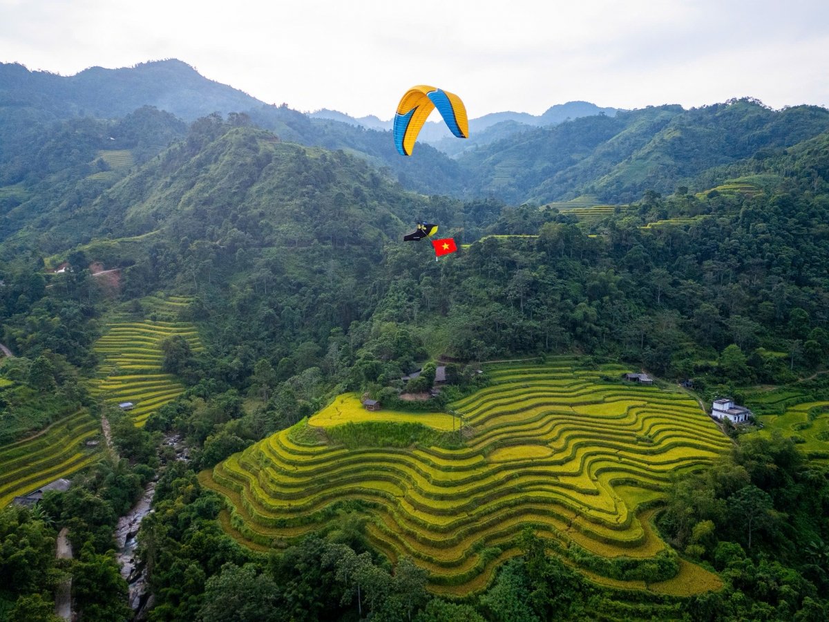 Bay dù lượn ngắm ruộng bậc thang mùa lúa chín tại Thông Nguyên, Tuyên Quang  - Ảnh 2.
