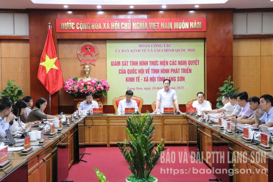 Đồng chí Hoàng Văn Nghiệm, Bí thư Tỉnh ủy, Trưởng đoàn ĐBQH tỉnh phát biểu tại buổi làm việc