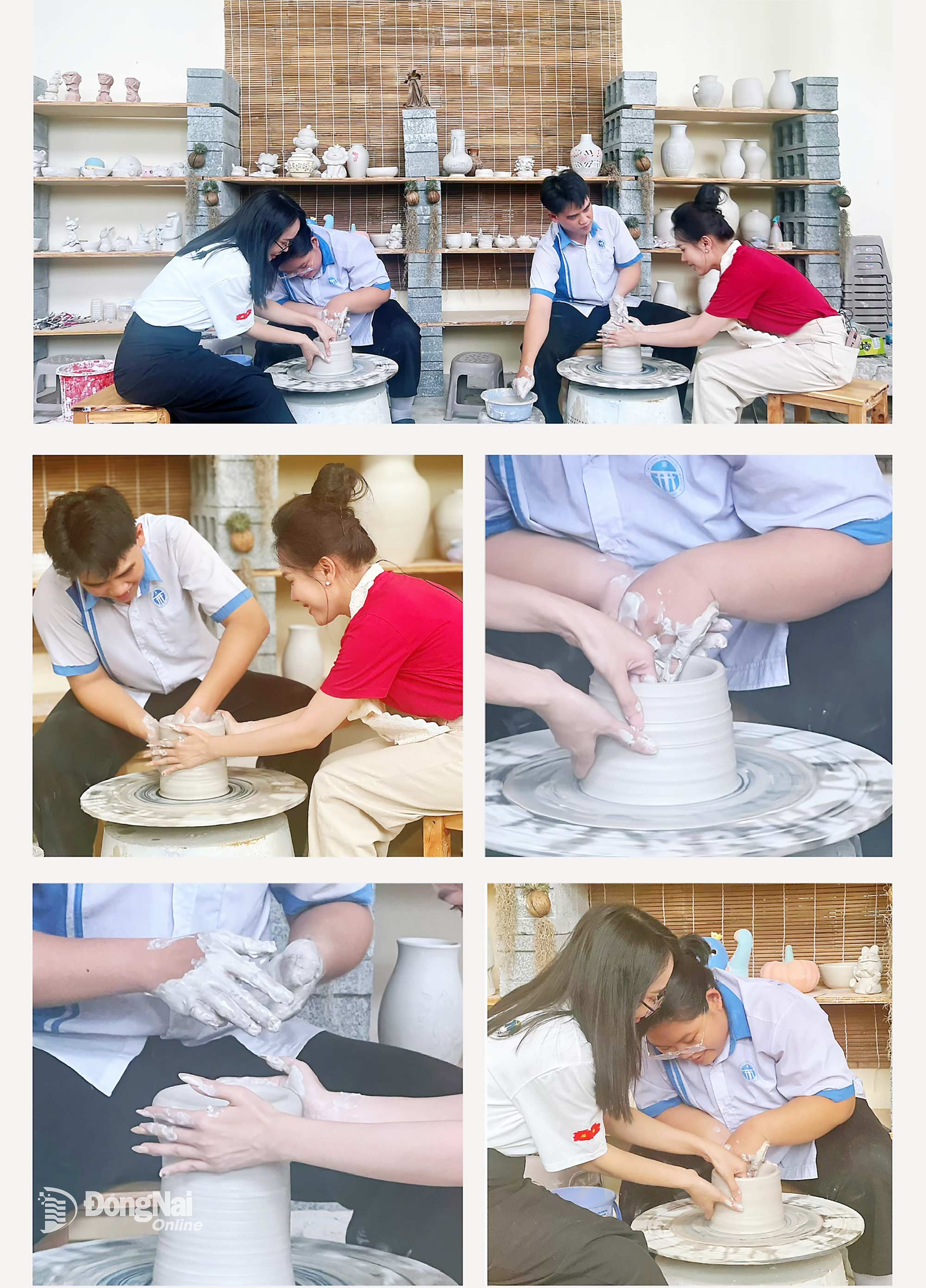 MC Minh Tuyết và Diệu Hiền hào hứng khám phá không gian trải nghiệm dành cho sinh viên và học sinh thực hành tại Trường Cao đẳng Mỹ thuật trang trí Đồng Nai. Ảnh: Thanh Thùy