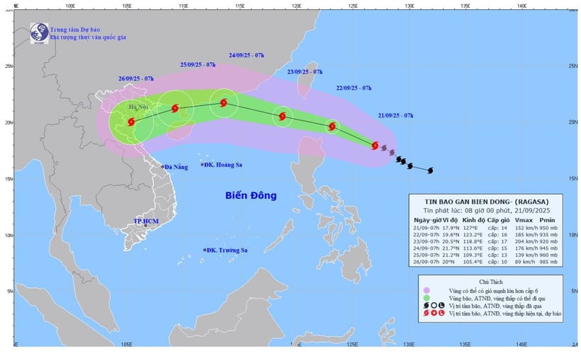 Bản đồ dự báo quỹ đạo và cường độ bão số 9 phát lúc 8 giờ ngày 21-9-2025. (Ảnh: Trung tâm Dự báo khí tượng thủy văn quốc gia)