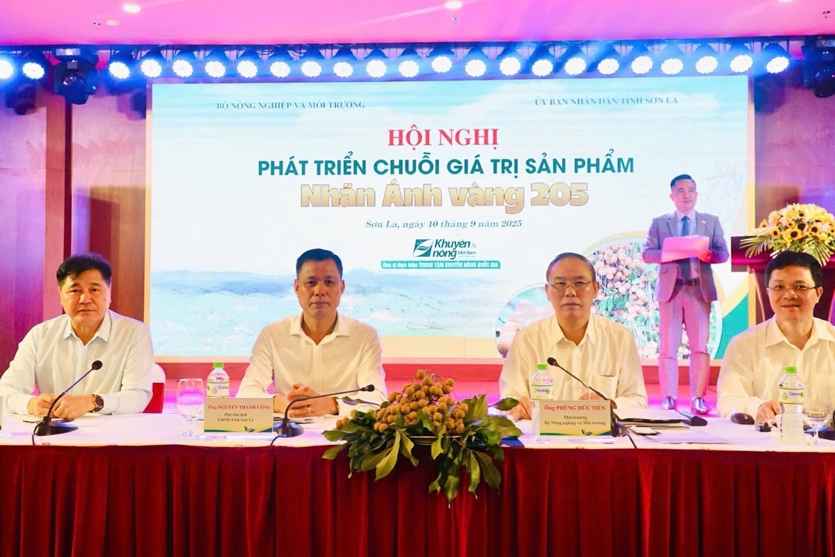 Thứ trưởng Bộ NN-MT Phùng Đức Tiến cùng Phó Chủ tịch UBND tỉnh Sơn La Nguyễn Thanh Công dự và chủ trì Hội nghị phát triển chuỗi giá trị sản phẩm nhãn Ánh vàng 205. Ảnh: Đức Bình.
