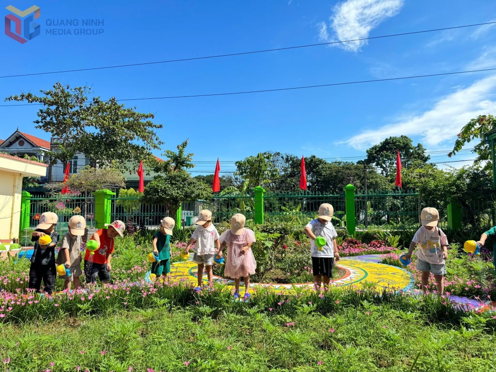 សិស្សសាលាមត្តេយ្យ Quang Thinh មានបទពិសោធន៍ថែរក្សាសួនផ្កា។