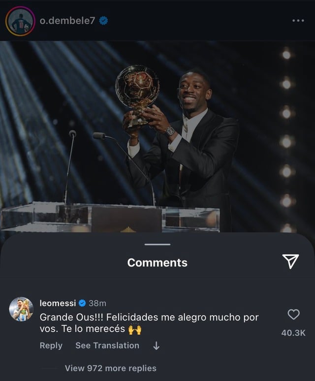 Messi và Mbappe chúc mừng Ousmane Dembele đoạt Quả bóng vàng, Ronaldo chưa biểu lộ cảm xúc - Ảnh 1.