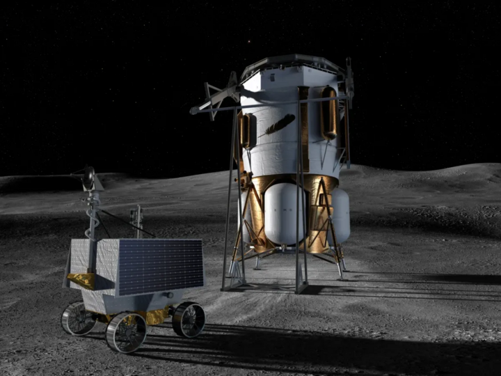 VIPERを月の南極まで運ぶブルームーンMk1宇宙船のシミュレーション画像。（出典：NASA）