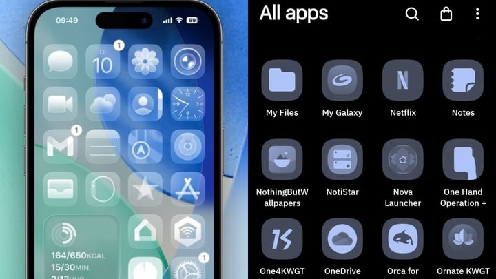 Σετ εικονιδίων Υγρού Γυαλιού, iOS 26 (αριστερά) - και Material You, Android (δεξιά).