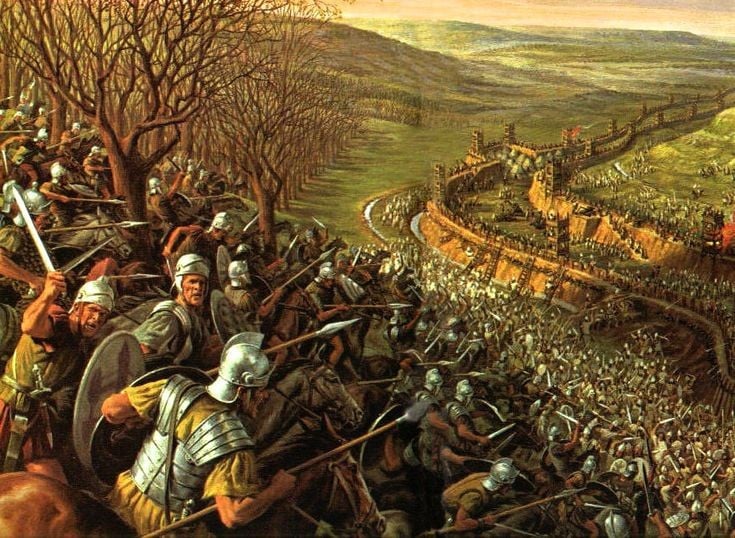 Caesar xây hai vòng công sự khổng lồ. Ông cho dựng hơn 20 km tường thành, một quay vào trong, một quay ra ngoài, vừa vây hãm Alesia vừa ngăn quân Gaul cứu viện. Ảnh: Pinterest.