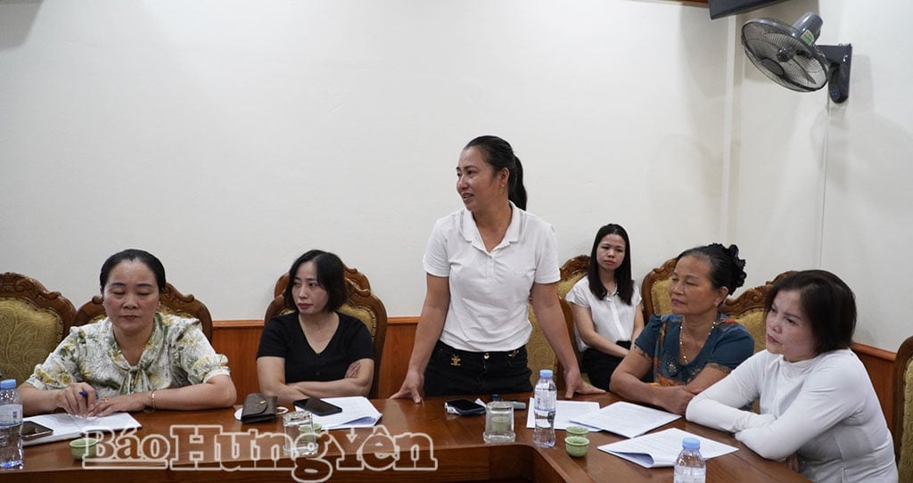 Bà Bùi Thị Hoàn, người dân thôn Vân Nội có đất trong diện thu hồi xây dựng chùa Hưng Khánh mới, phát biểu tại buổi đối thoại. Bà còn băn khoăn về việc di dời nhưng cho biết sẽ đồng ý nếu được đền bù.