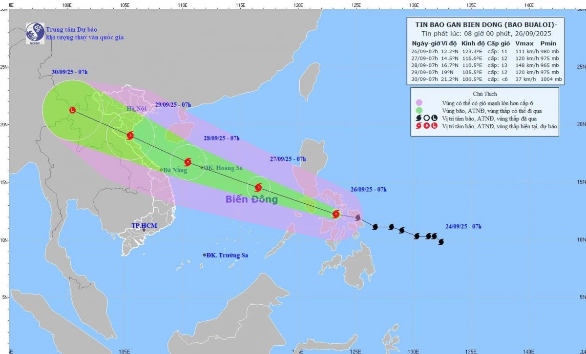 Sáng nay, tâm bão ở vào khoảng 12,2°N-123,3°E, trên khu vực miền Trung Philippines. Sức gió mạnh nhất đạt cấp 11 (103-117 km/h), giật cấp 14, di chuyển theo hướng Tây Tây Bắc với tốc độ khoảng 30 km/h.