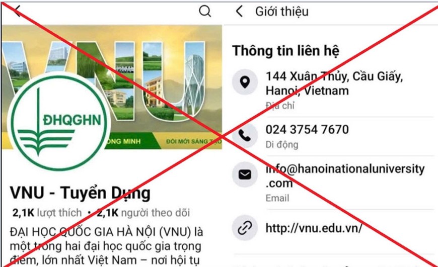 ハノイ国立大学の募集のための偽ファンページ。