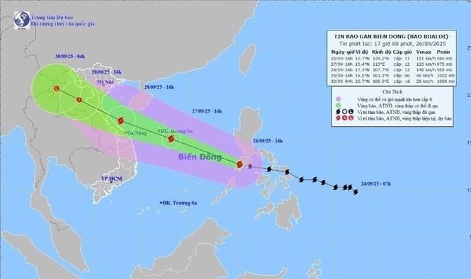 The movement of storm Bualoi at 5 p.m. on September 26. (Photo: VNA)