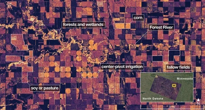 This image shows the Forest River area in North Dakota, USA - the circles and rectangles across the image appear in shades of color that suggest the land could be grassland or farmland. (Source: NASA)