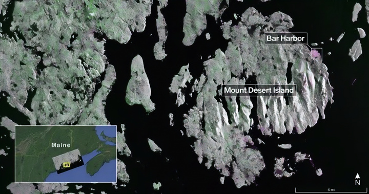 Taken on August 21, 2025, this image from NISAR's L-band radar shows Mount Desert Island in Maine, USA. (Source: NASA)