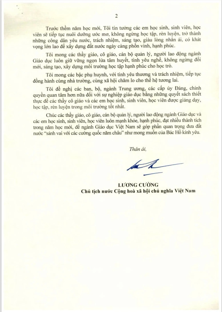 Brief von Präsident Luong Cuong an den Bildungssektor anlässlich der Eröffnung des Schuljahres 2025-2026