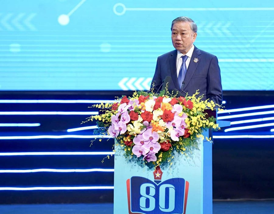 Tống Bí thư Tô Lâm có bài phát biểu đặc biệt quan trọng tại buổi lễ. Ảnh: Bộ GDĐT