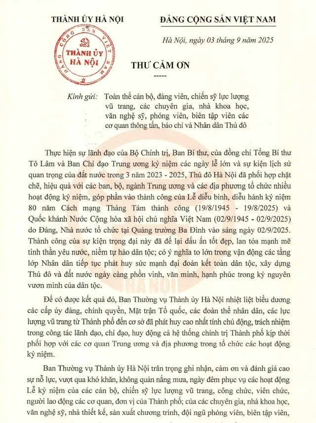 Bí thư Thành ủy Hà Nội gửi Thư cảm ơn Nhân dân Thủ đô và các lực lượng vũ trang- Ảnh 1.