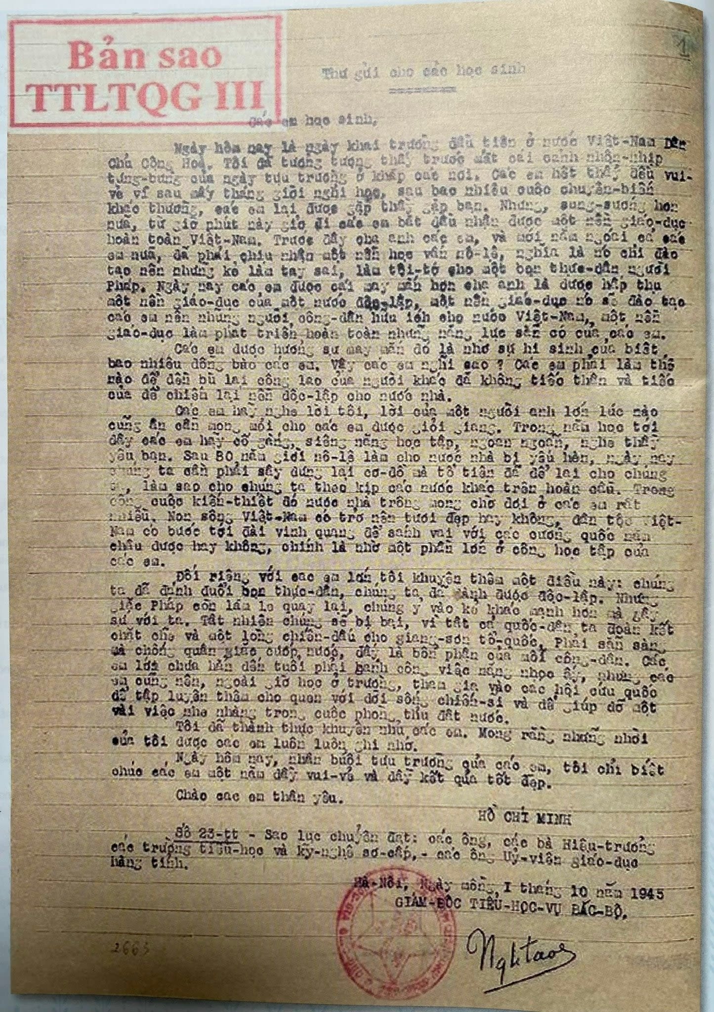 Onkel Hos Brief an die Schüler zum ersten Schultag der Demokratischen Republik Vietnam. Fotoarchiv.