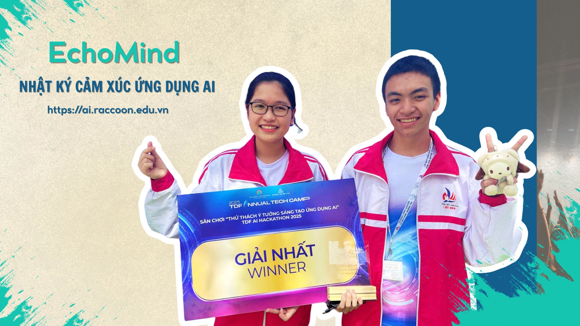 Phương Thảo và Nhật Huy giành giải nhất ở hạng mục AI Hackathon&nbsp;- Ảnh: Q.H