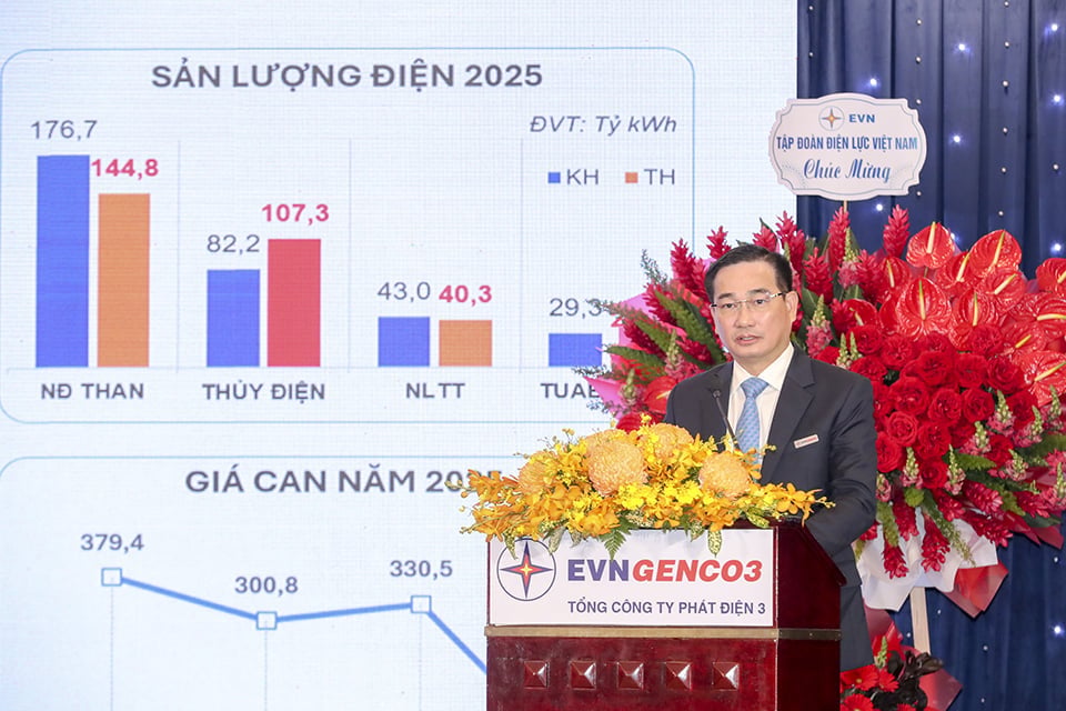 Ông Lê Văn Danh – Phó Bí thư Đảng ủy, Thành viên HĐQT, Tổng Giám đốc Tổng Công ty Phát điện 3 báo cáo tại Hội nghị. Ảnh:&nbsp;EVNGENCO3.