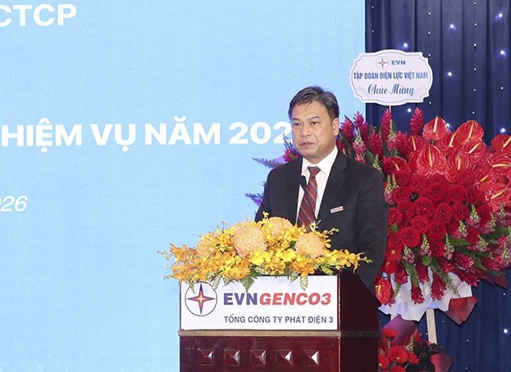 Ông Đinh Quốc Lâm - Bí thư Đảng ủy, Chủ tịch HĐQT Tổng Công ty Phát điện 3 phát biểu. Ảnh:&nbsp;EVNGENCO3.