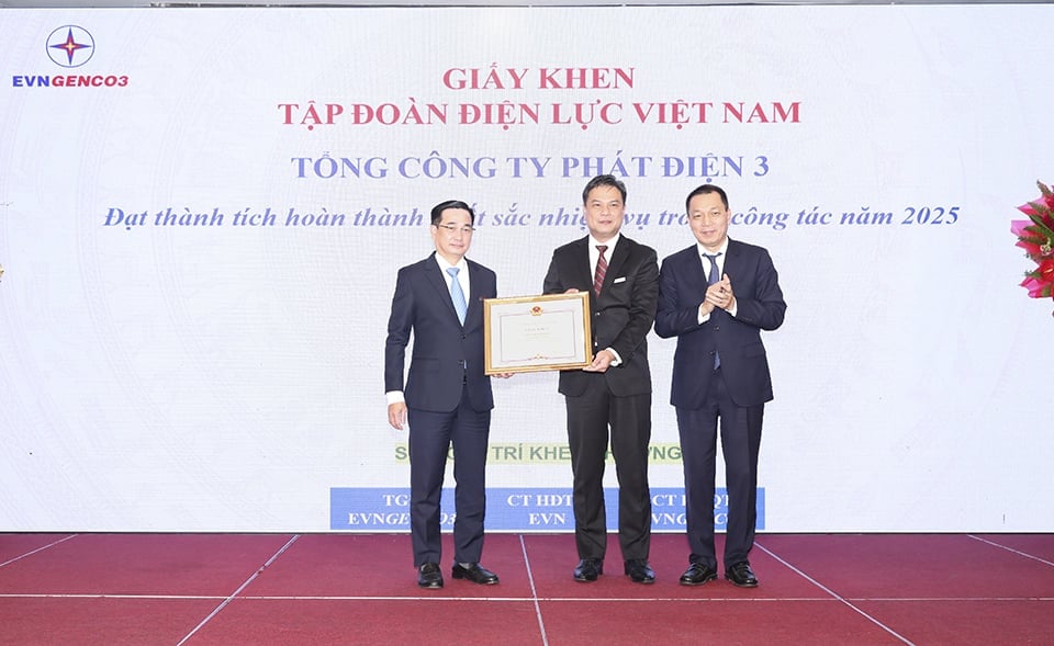 Ông Đặng Hoàng An - Bí thư Đảng ủy, Chủ tịch HĐTV EVN trao giấy khen của EVN cho Tổng Công ty Phát điện 3. Ảnh:&nbsp;EVNGENCO3.