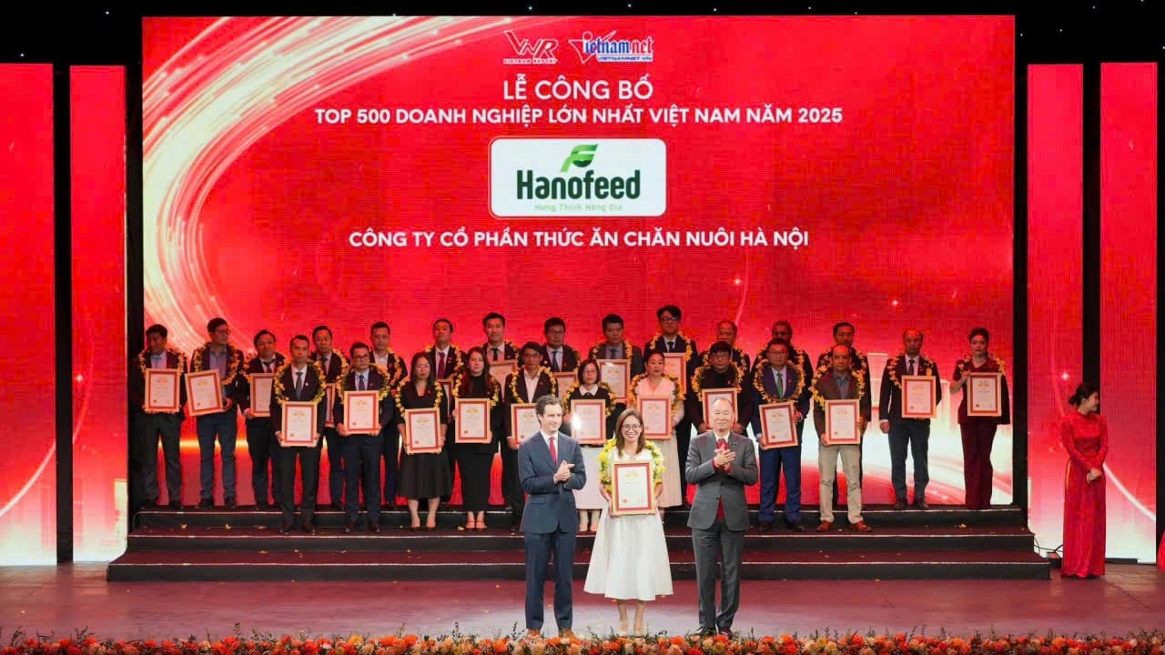 Đại diện Công ty Cổ phần Thức ăn Chăn nuôi Hà Nội - Hanofeed nhận giải tại VNR500 năm 2025. Ảnh: PV.