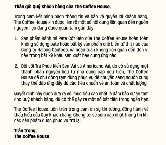 Vụ Công ty Đồ hộp Hạ Long: The Coffee House ra thông báo mới- Ảnh 1.