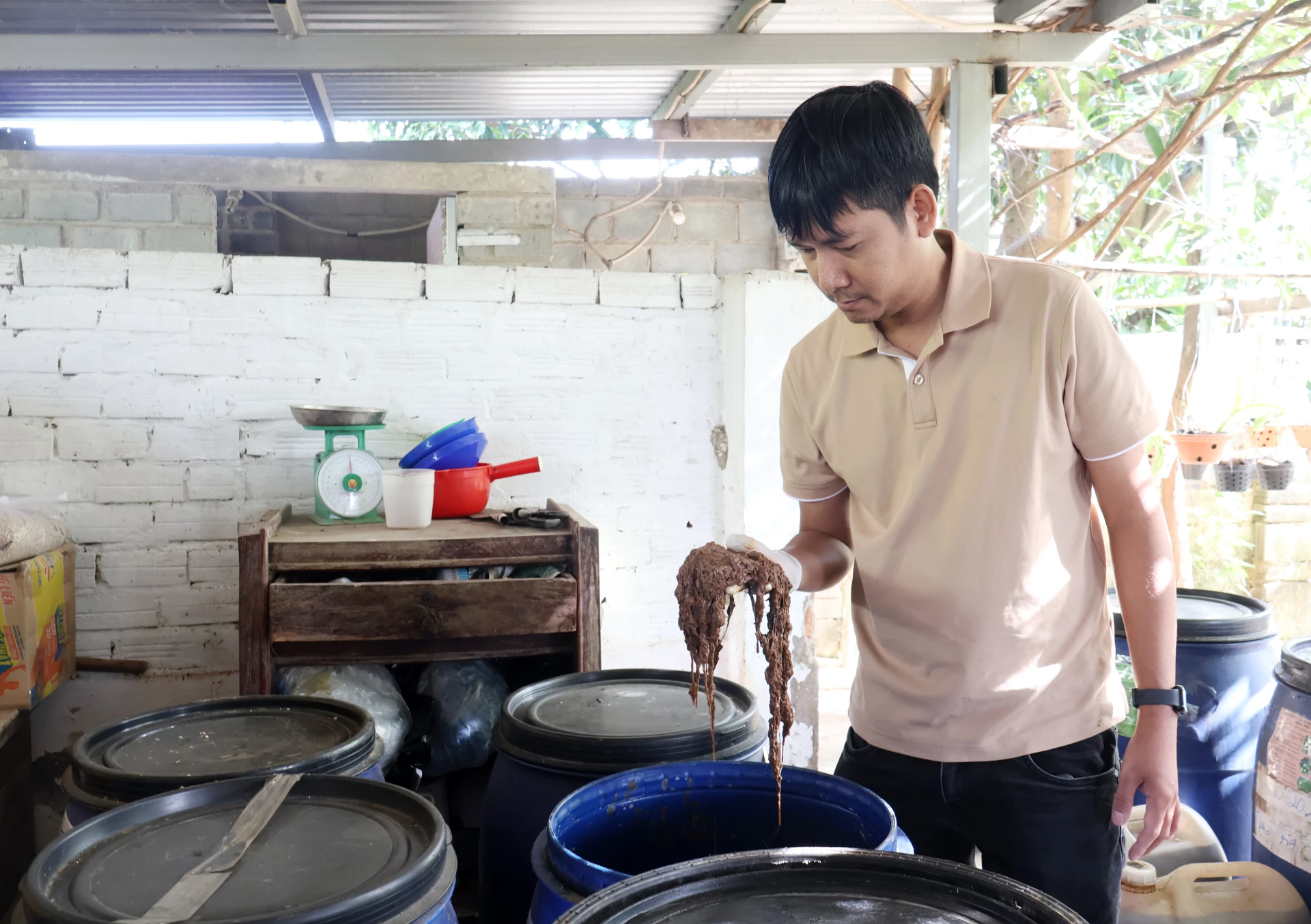 Anh Lê Minh Vương kiểm tra chất lượng dịch trùn quế.