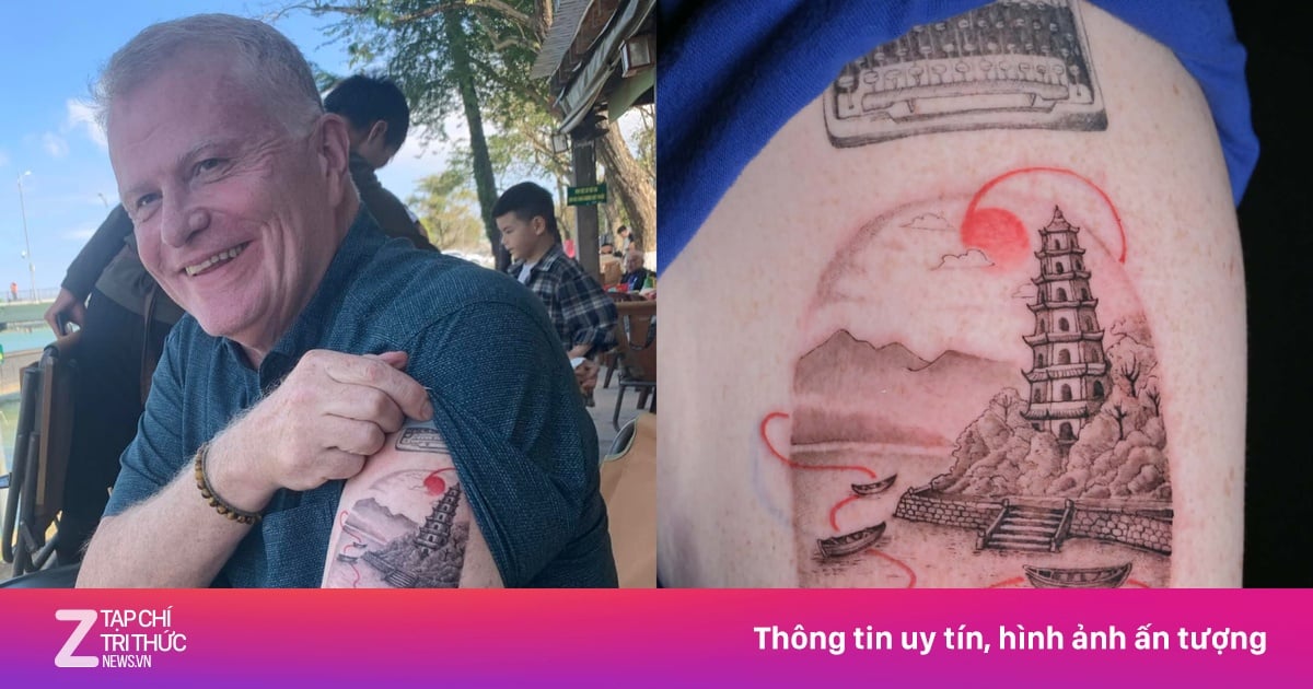 Amerikaanse toerist laat tatoeages zetten van de Thien Mu-pagode en de Parfumrivier.