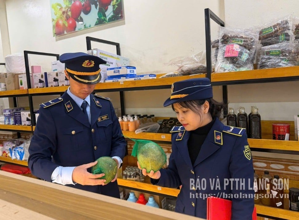 Cán bộ Đội Quản lý thị trường số 1 kiểm tra cửa hàng kinh doanh hoa quả nhập khẩu Hải Nam Mart, phường Đông Kinh