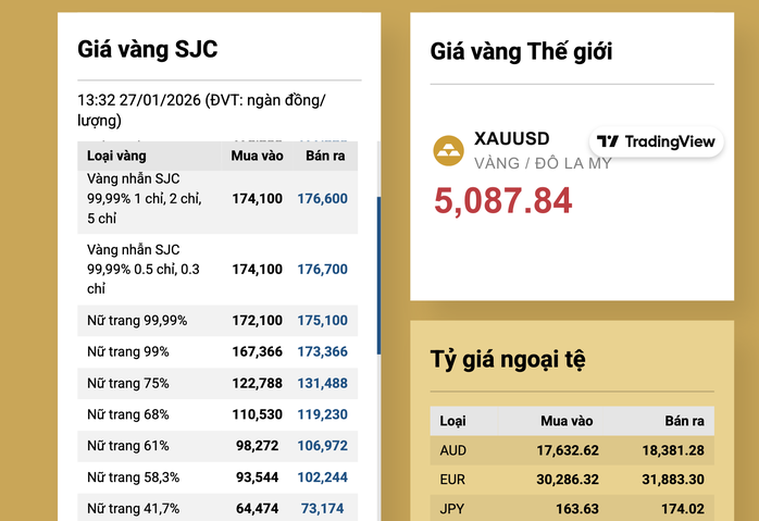 Giá vàng nhẫn tăng nhanh hơn vàng miếng SJC Tối 27 - 1 , 2026 - Ảnh 3.