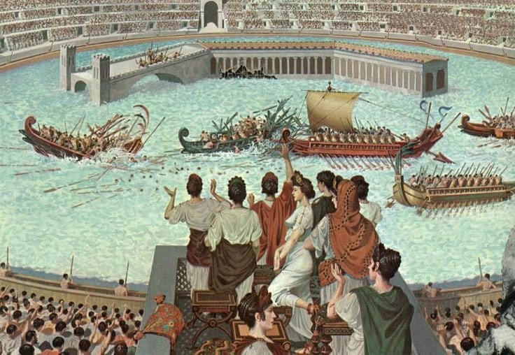 彼らはかつて「模擬海戦」を開催していた。初期の段階では、アリーナに水を張って海戦を再現し、古代ローマ人の驚異的な技術力を披露していた。写真:Pinterest。