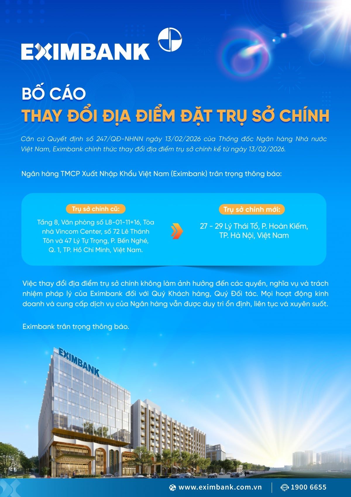 Eximbank chính thức thay đổi địa điểm trụ sở chính