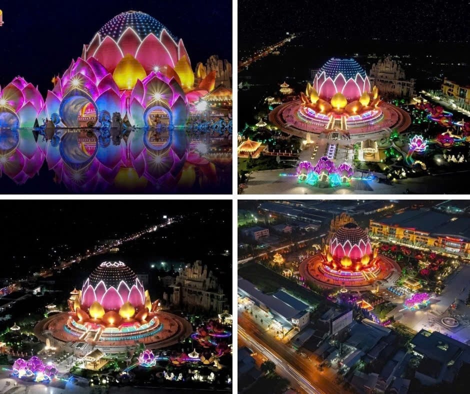 Di notte, la Pagoda del Loto risplende grazie alle luci a LED.