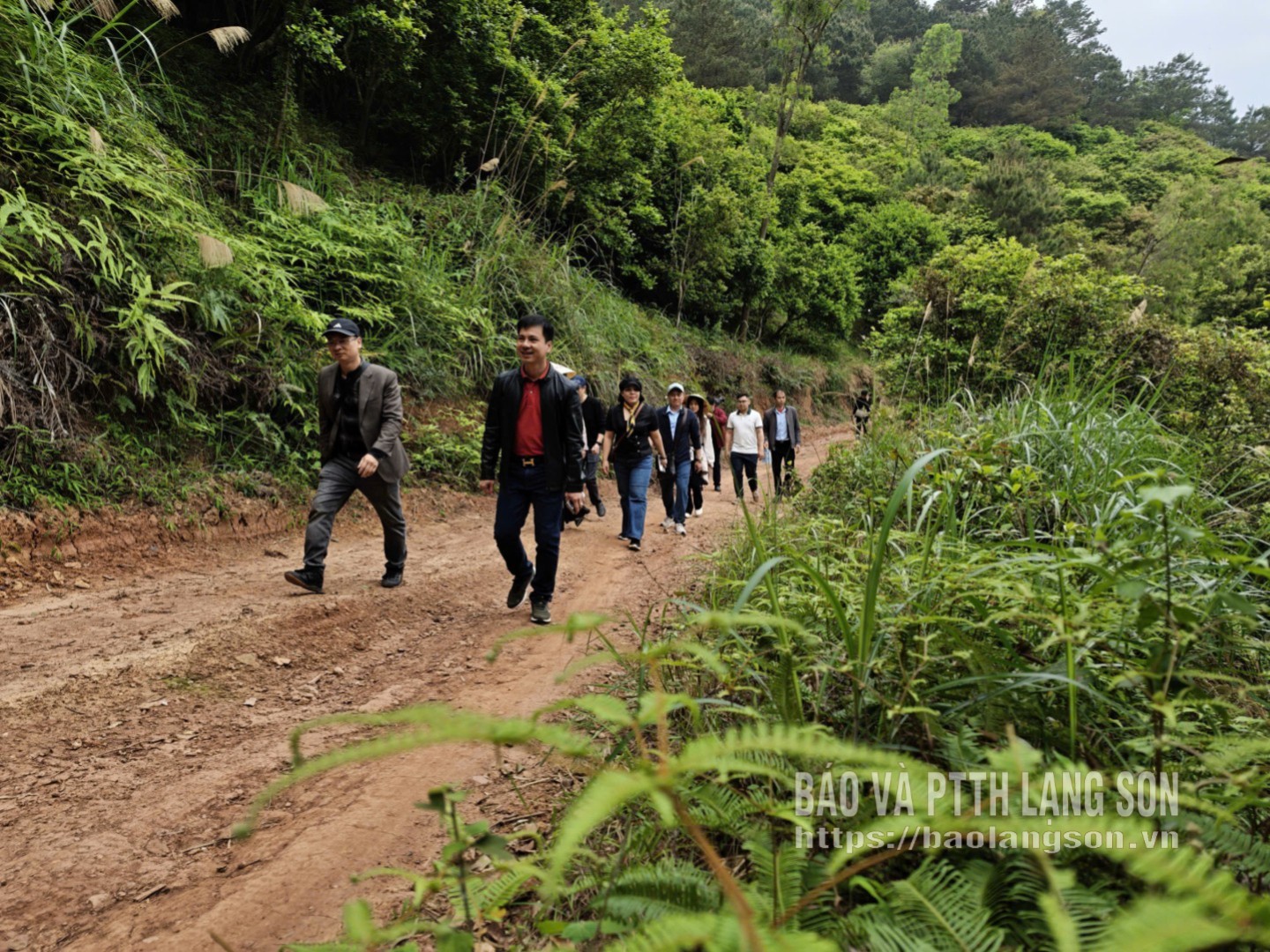Landmeetkundig team op de weg die naar het gebied rond de Le Minh-dam leidt.