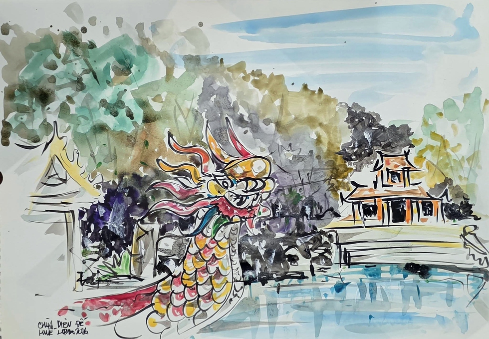 ภาพร่างเรือมังกรหน้าเจดีย์ดิวเดอ โดยสถาปนิก บุย ฮวาง บาว