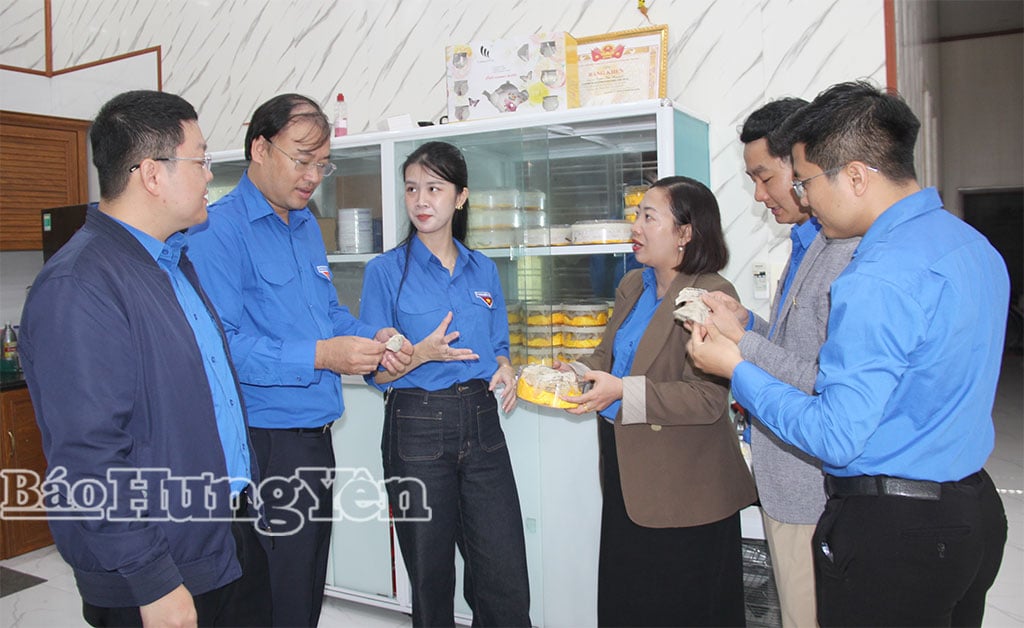 Para pemimpin dan ahli Kesatuan Belia Wilayah melawat model penternakan burung walit Cik Tran Thi Nguyet (ketiga dari kanan).