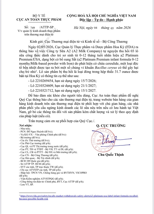 Thu hồi 3 lô sữa cho trẻ nhỏ Platinum premium chứa độc tố- Ảnh 1.