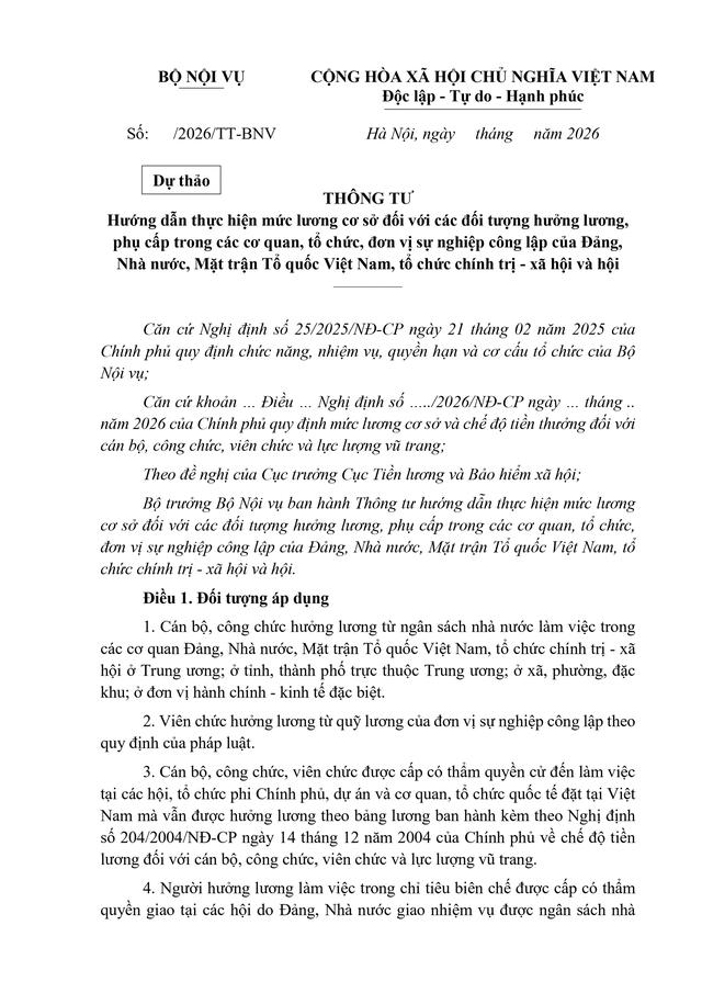 TOÀN VĂN: Dự thảo Thông tư Hướng dẫn thực hiện mức lương cơ sở- Ảnh 1. TOÀN VĂN: Dự thảo Thông tư Hướng dẫn thực hiện mức lương cơ sở- Ảnh 1.