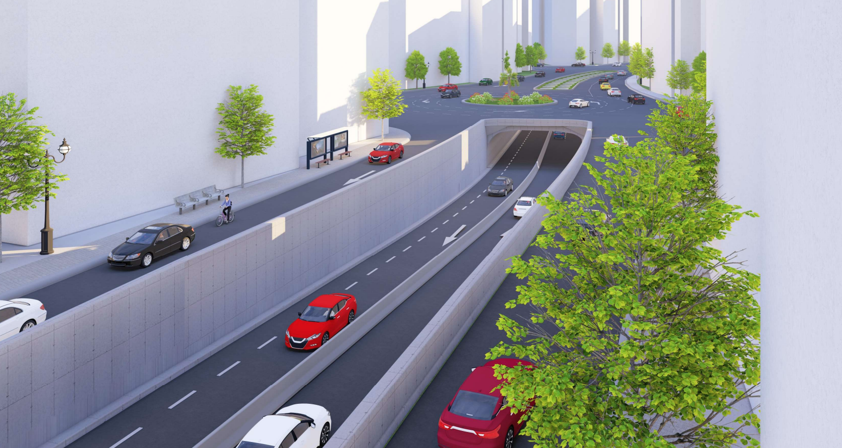 Perspektivische Ansicht des offenen Tunnels gemäß der gewählten Konstruktion.