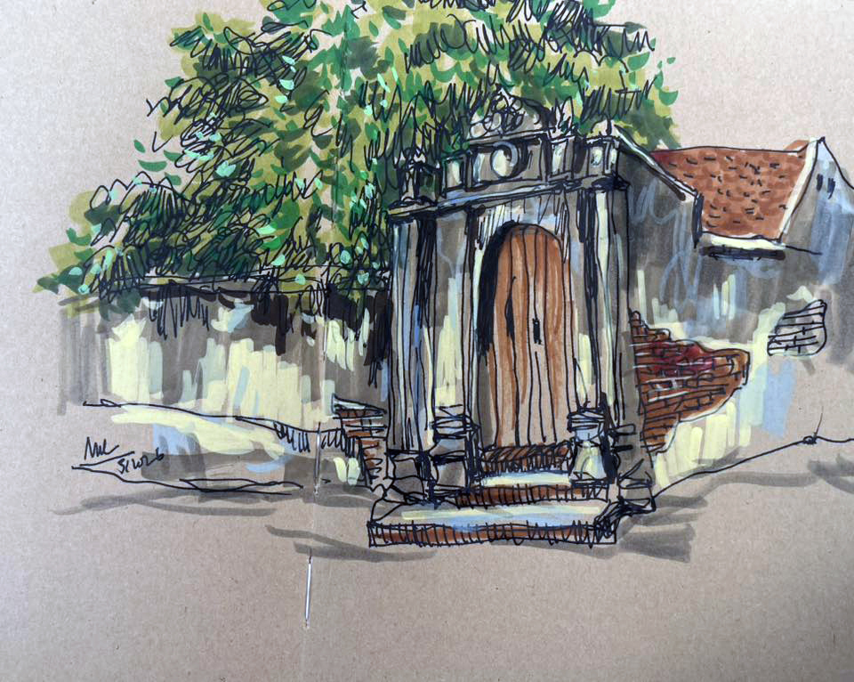 Những ngôi nhà cổ trong làng với cánh cửa nhuốm màu thời gian - ký họa của họa sĩ Trần Bình Minh